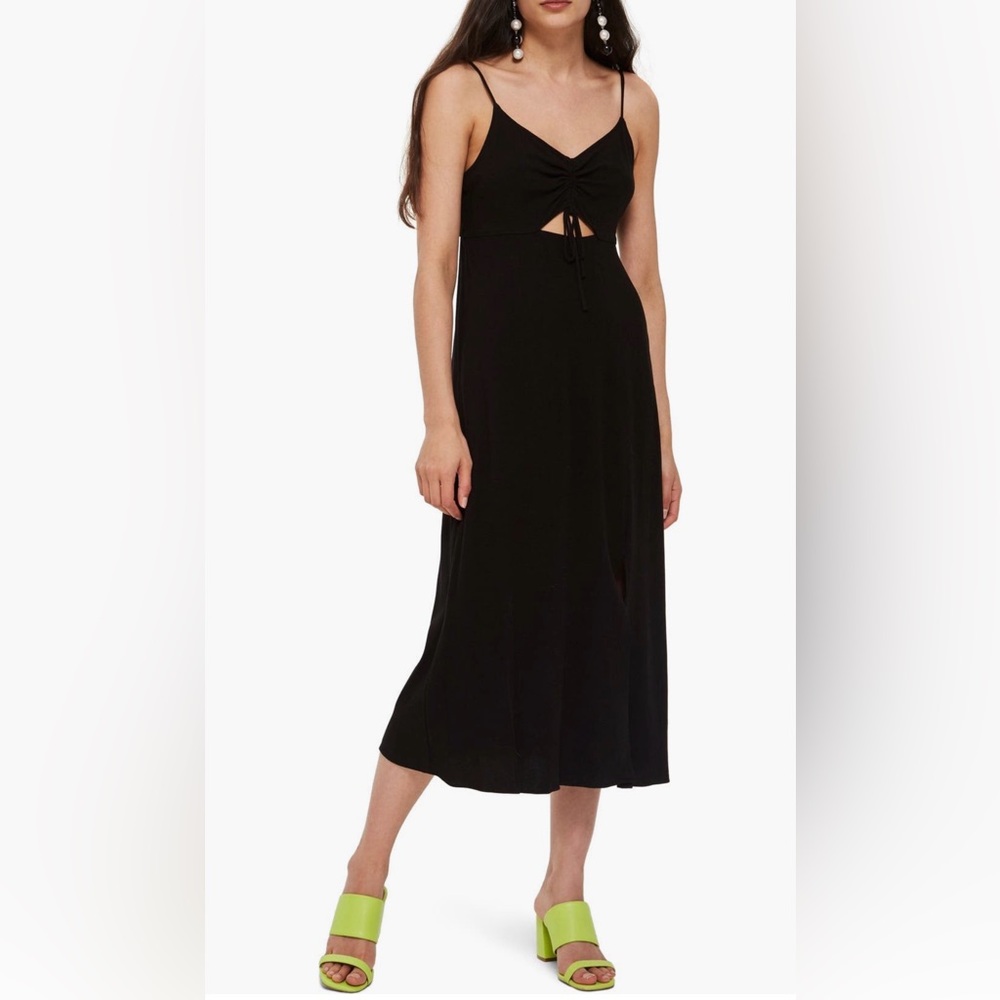 Topshop ruched front midi slip dress. Black. Size 6 (fits Iike 2-4).